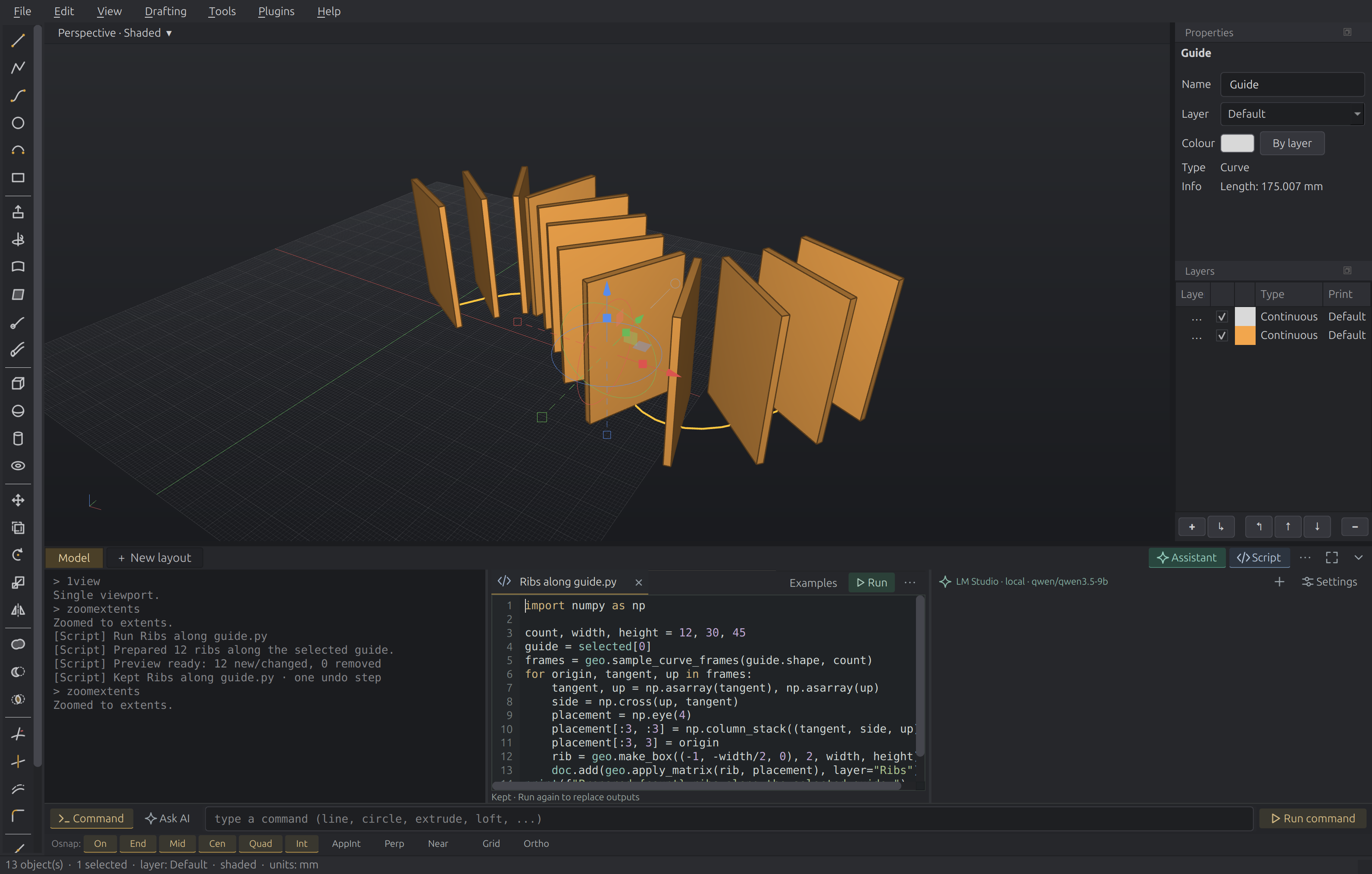 Command history, Python editor, and LM Studio assistant beneath the model