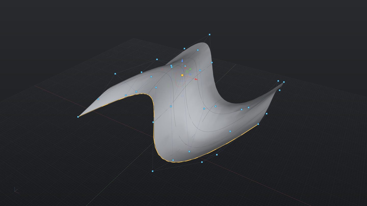 A smooth surface grown from curves, its control points showing