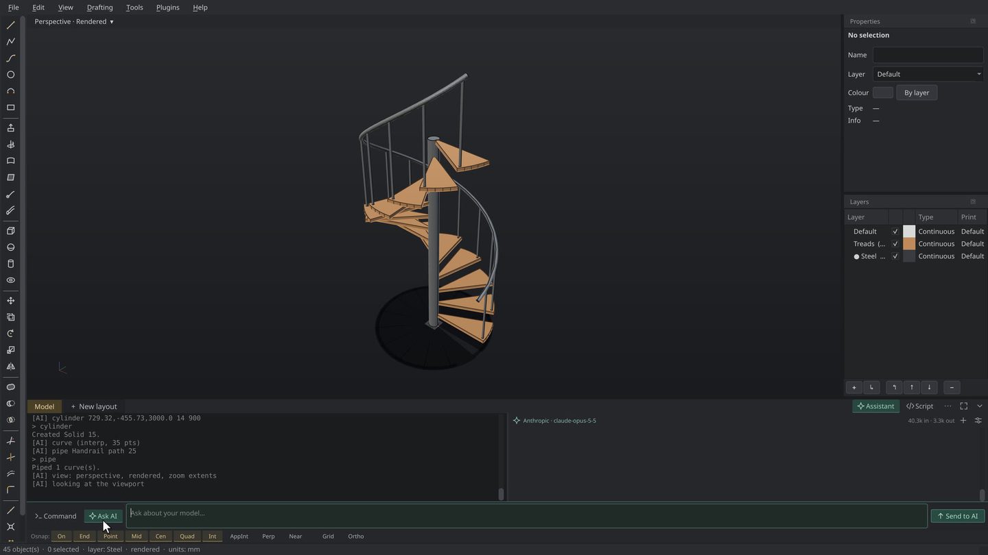 Asked for a spiral stair, the assistant ran the commands and checked the result in the viewport.