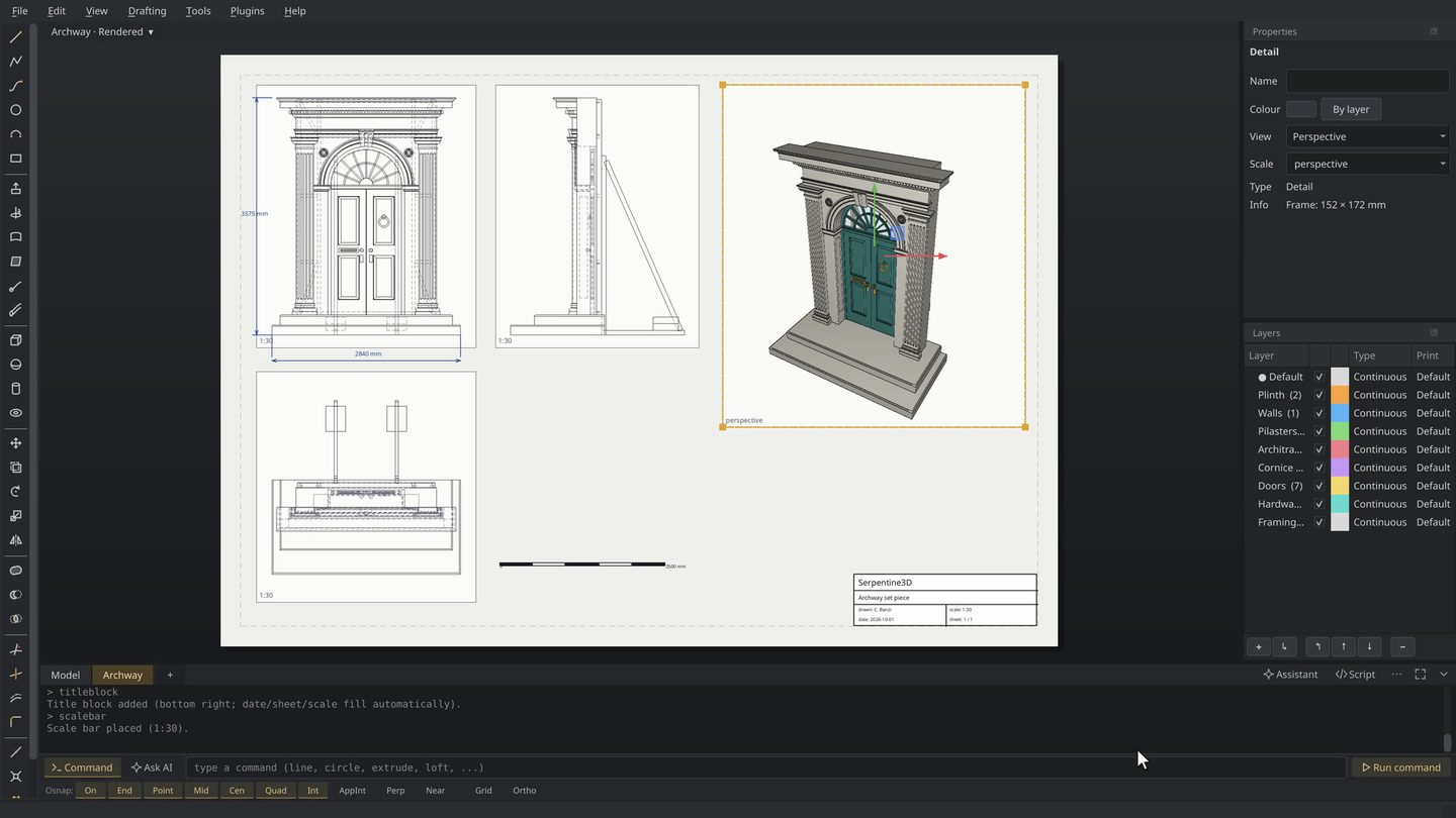 The archway on an A3 sheet: front, side and plan in hidden line, a shaded perspective and a title block.